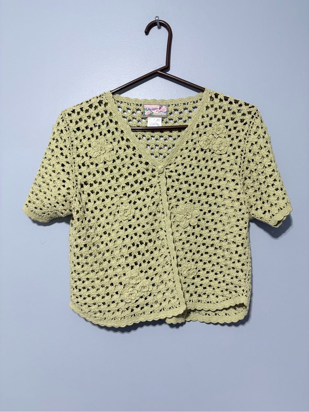 April Cornell Crochet Short Sleeve Cardigan in Pale pea Green gorgeous floral